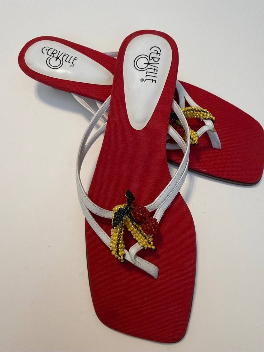 Red and White Beaded Thong Sandals
